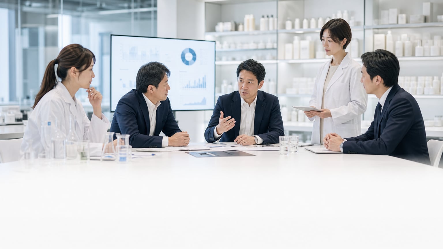 生活用品とウェルネス領域の成長戦略を議論する経営・研究チームのオリジナル写真